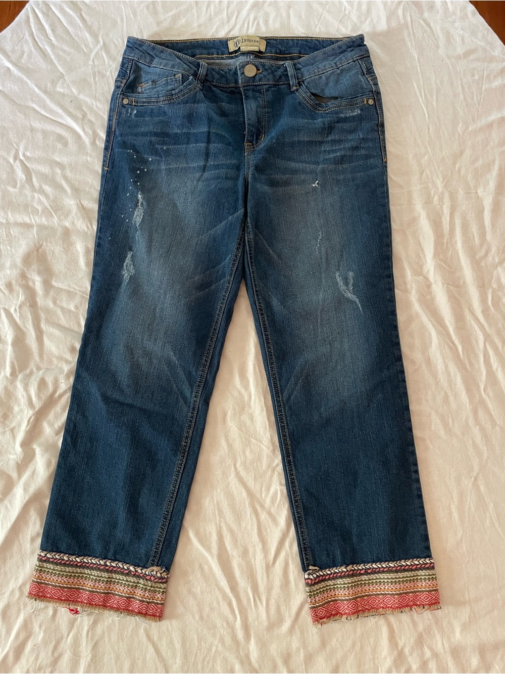 Democracy Distressed Denim Cropped Jeans with Embroidered Ankle Trim - Picture 2 of 6